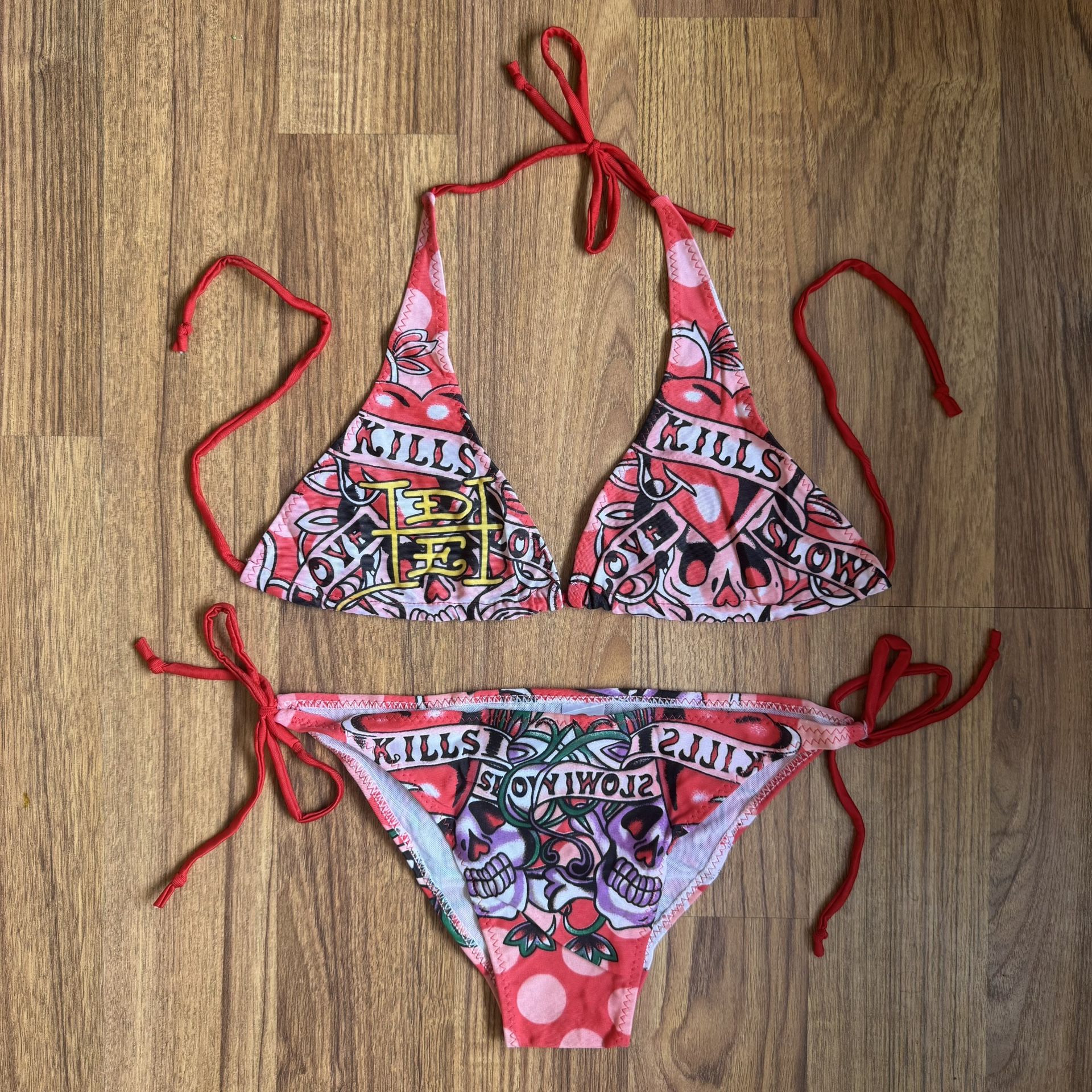 ED HARDY Vintage Y2K Rare Red White Skull Love Kills Slowly String Bikini Set