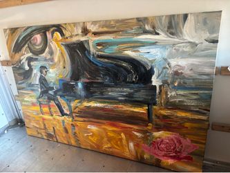Large Signed Original Oil Painting on Canvas – Pianist at Grand Piano