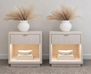 Fluted Nightstand Set of 2 - Nightstands with Charger Station and LED Light, Large Modern Night Stand with Sensor, 22" Wide Nightstand