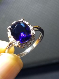 Women's 3.20 oval cut Blue sapphire Diamond simulated white gold Finished over silver size 8.0