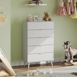  5 Drawer Dresser for Bedroom, Tall Wooden Dresser, White Dressers Storage Organizer with Sturdy Metal Handle, Chest of Drawers for Living Room, Hallw
