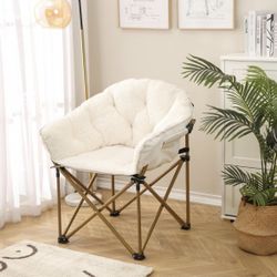 Modern Faux Fur Foldable Saucer Chair with Metal X-Large Legs for Livingroom Bedroom Outdoor White
