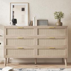 6 Drawer Rattan Dresser, Mid Century Modern Rattan Chest for Bedroom, Living Room, Hallway, 47.2x15.7x29.5 in, Natural Tone