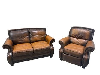 Vintage brown studded Italian leather couch set loveseat and recliner