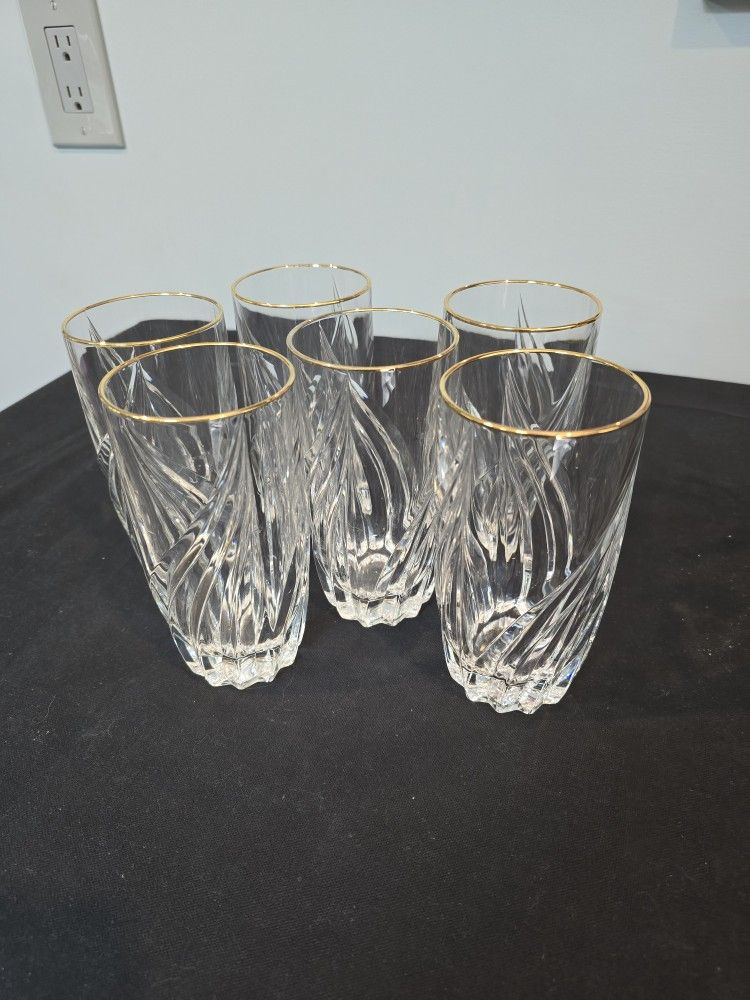 Lenox Debut Gold Set of 6 Crystal Highball Cut Swirl Glasses 6