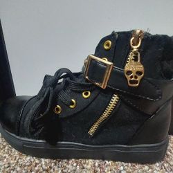 Black Canvas Shoes With Faux Leather And Gold Hardware 
