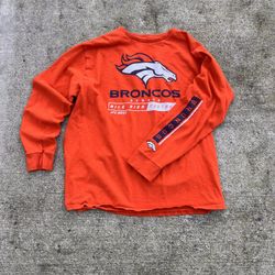 size XL orange long sleeve Denver Broncos tee with sleeve and chest hits