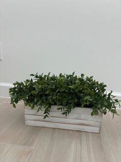 White Rustic Wood Planter Box with Faux Greenery