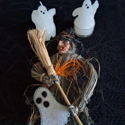 Small Vintage Whimsical Witch Ghost Candle Set Halloween Decor