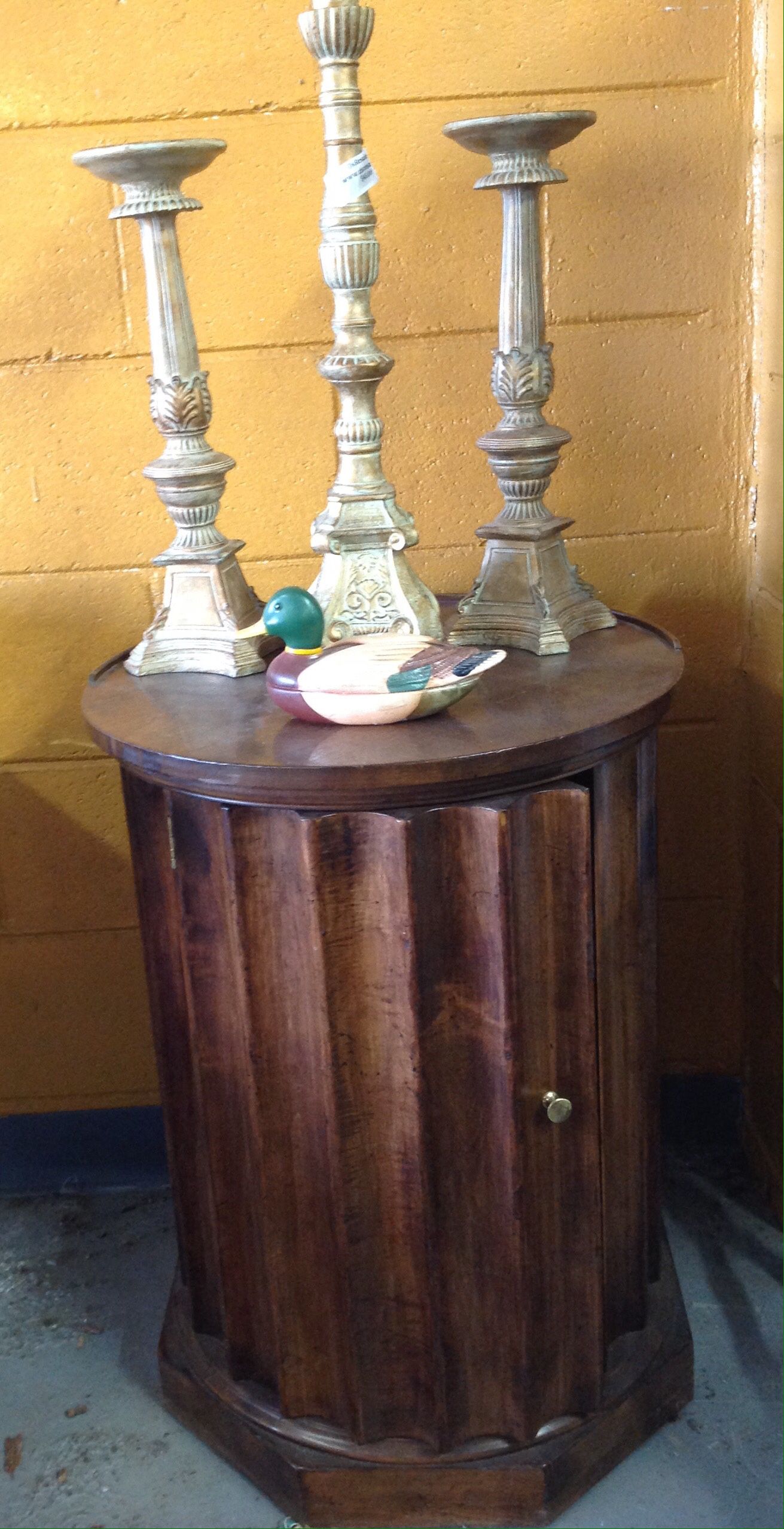 Baker Furniture Brown drum table with open door storage for sale  