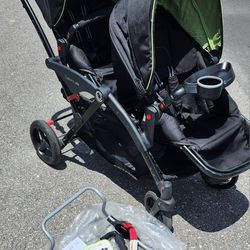 CONTOURS ELITE DOUBLE TWIN STROLLER WITH INFANT CAR SEAT ADAPTER AND KIDS TRAY