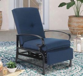 Phi Villa Adjustable Black Metal Outdoor Recliner with Blue Cushions