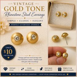 Vintage Gold-Tone Rhinestone Stud Earrings