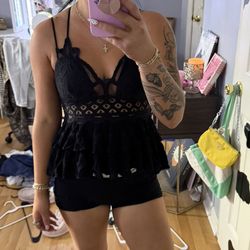 Zenana Black Lace Ruffle Babydoll Tank