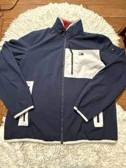 Tommy Hilfiger Men's Regular-Fit Colorblocked Soft Shell Jacket in navy blue and white Xl on tag  Flaws as seen in the last 2 pictures (a black stain 