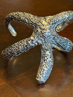 Coastal Starfish Statement Cuff Bracelet - Textured Silver-Tone Beach Jewelry