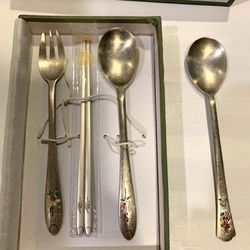Vintage Korean AG 800 Silver Spoon and Chopstick Set and Extra Spoon
