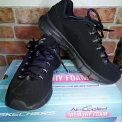 Skechers Elite Black Memory Foam Air-Cooled Black Tie-Up Sneakers Shoes Breathable  Womens 7.5 