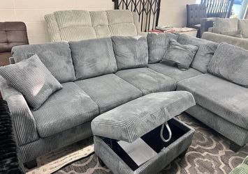Brand new gray sectional sofa with storage ottoman