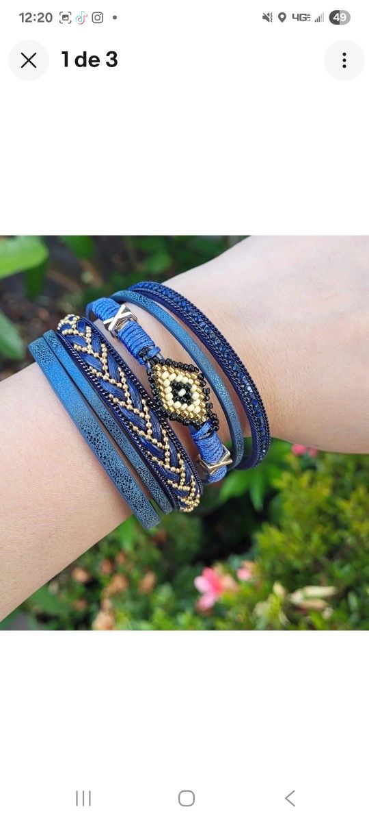 Bohemian Style Mixed Leather Stack Bracelet Blue with Magnetic Closure
