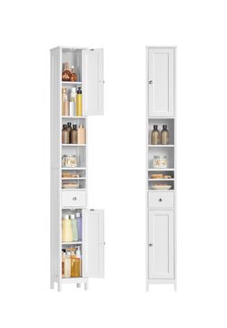 Tall Bathroom Cabinet, Slim Freestanding, Drawer, Open Compartments Adjustable Shelves, for Small Spaces, Traditional Basic, Cloud White, SIREN Collec