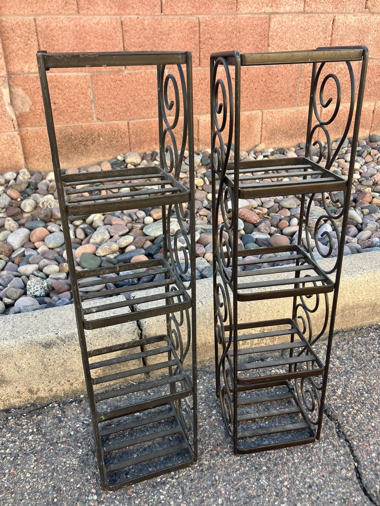 Set Of Two Vintage Wrought Iron Metal 5 Tier Plant Stand Rack Shelf