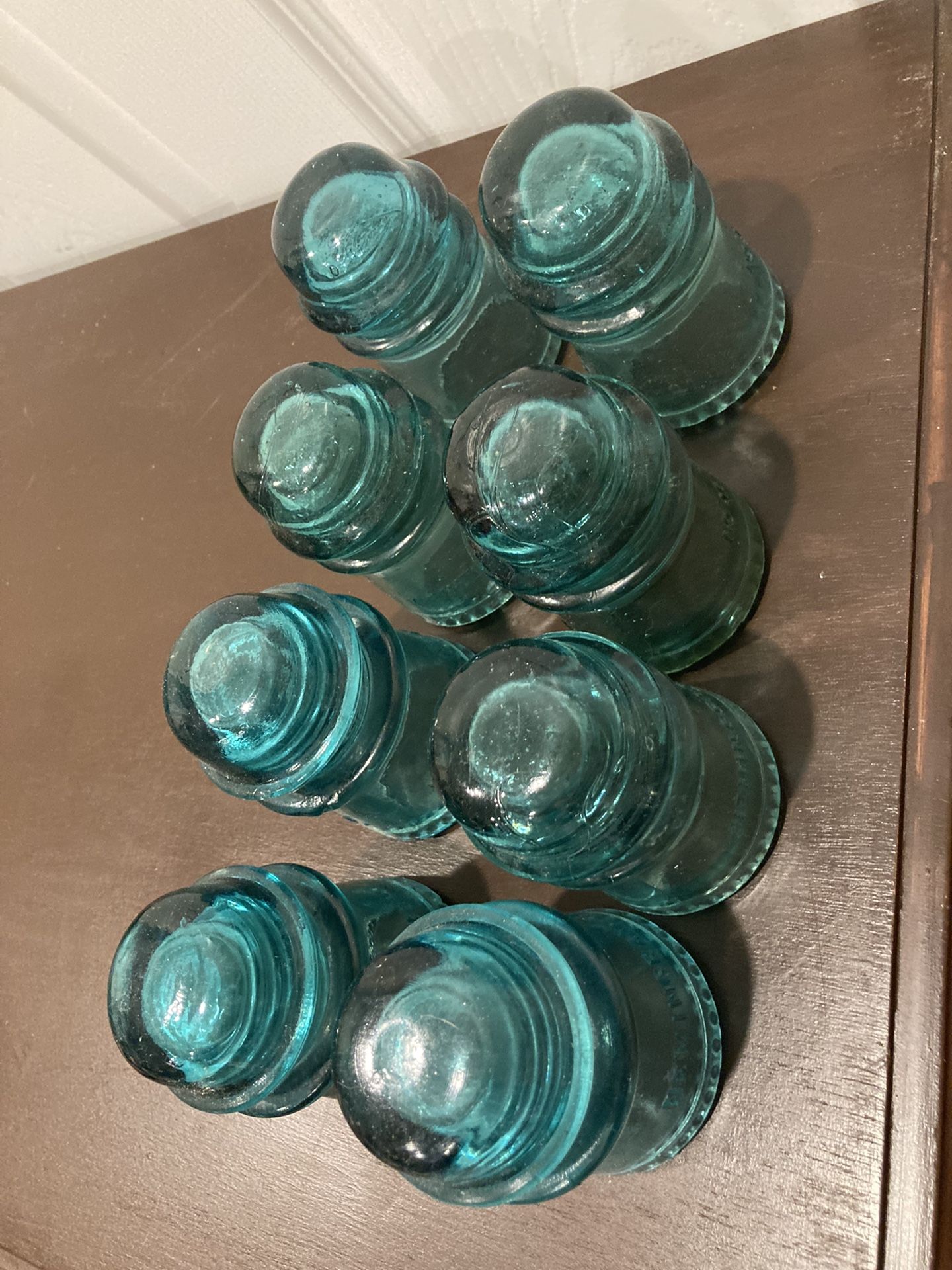 Amazing Lot Of 8 Antique Turquoise Glass Electric Insulators!