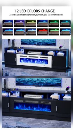🔥78" Fireplace TV Stand w/ LED Lights, Power Outlet,TVs Up to 90", Black or White Fireplace