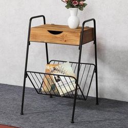 Natural wood magazine side table with built-in storage