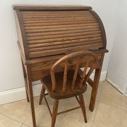 Antique Child’s Solid Oak Roll Top Desk And Chair 