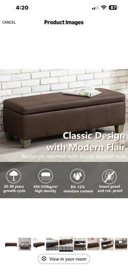 51 Inch Storage Ottoman, Storage Bench with Safety Hinge, Upholstered Synthetic Leather Ottoman Bench for Bedroom, Living Room, Entryway, Hallway, Foo