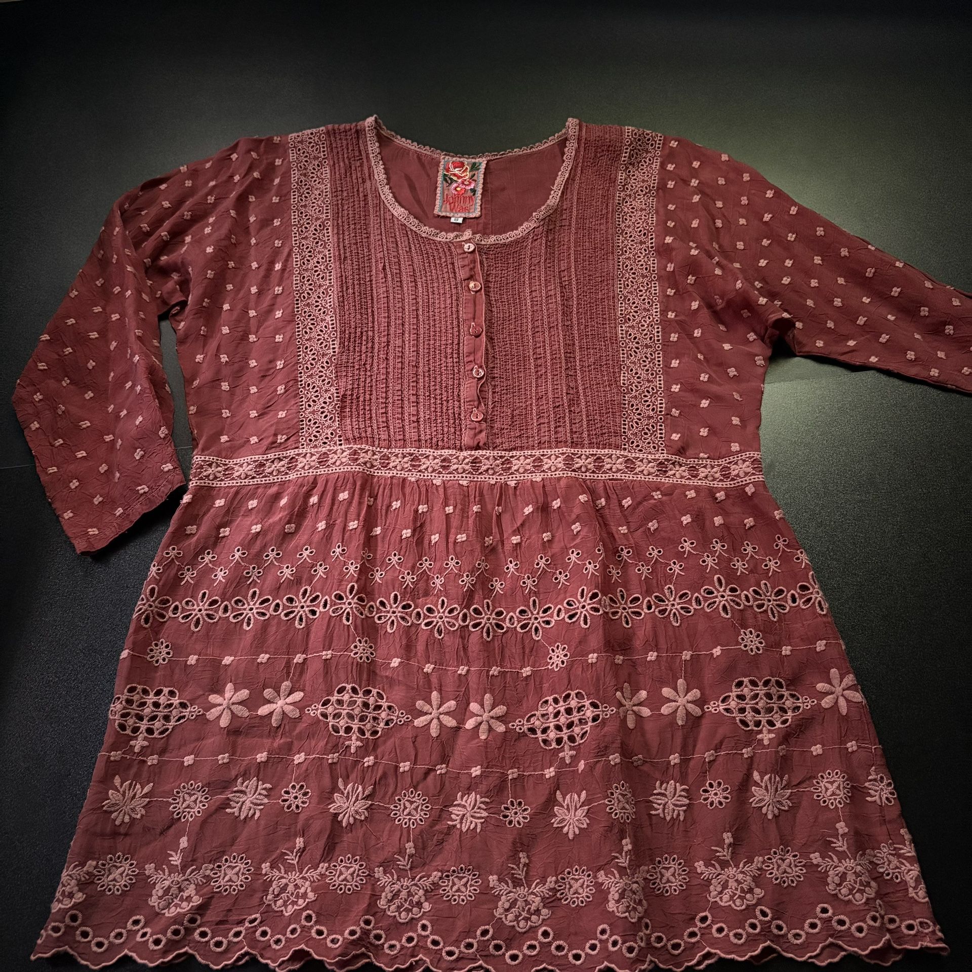 Johnny Was Embroidered Mauve Blouse tunic style summer boho red-orange small