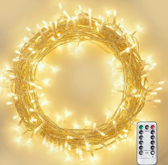 Battery Operated String Lights, 36 ft 100 LED Outdoor String Lights, 8 Modes Twinkle Lights with Remote Bedroom Party Garden Christmas Warm White