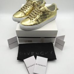 Givenchy Urban Street Croc Embossed Metallic Gold Leather Sneakers Size 37.5
