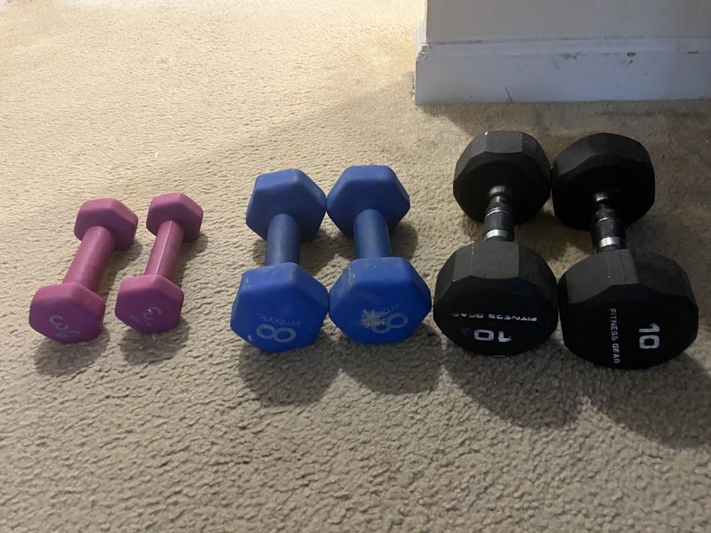 3 Pairs of Dumbbells 10 lbs, 8 lbs, 3 lbs