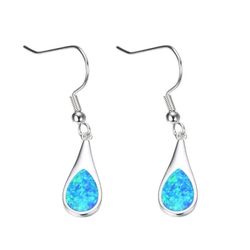 Blue Stimulated Opal Glitter Drop Dangle Earring Teardrop Silver Pendant