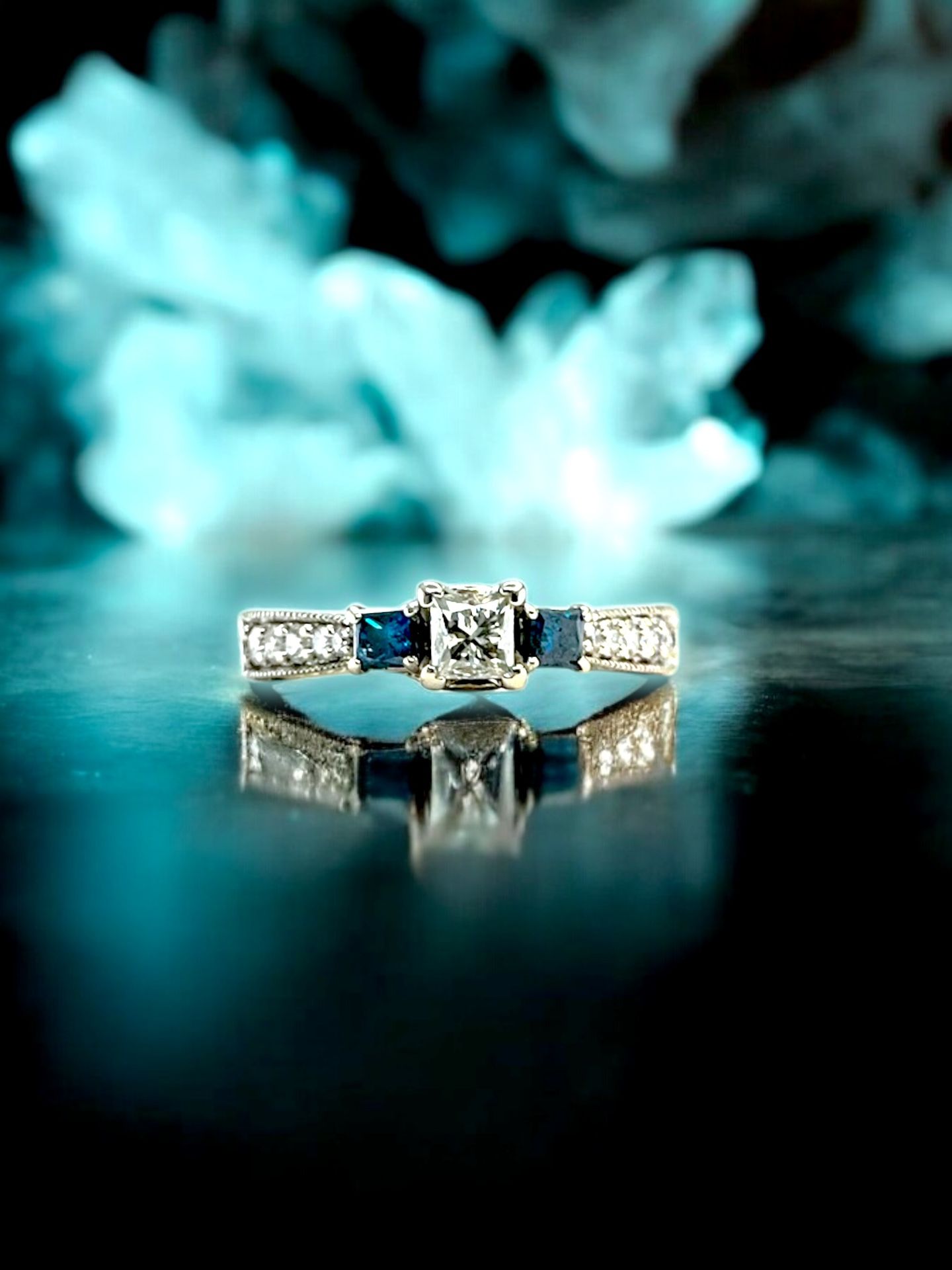 14kt White Gold with Princess Cut Center Diamond/ Two Blue Stones on Side and Small Round Diamonds Ring.