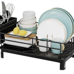 Dish Drying Rack, Small Dish Drainer with Removable Utensil Holder and and Swivel Spout, Rust-Proof Carbon Steel Dish Strainer Rack, Dish Racks for Ki
