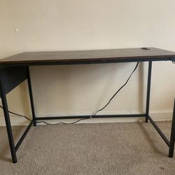 Industrial Wood Office Desk w/ Charging Outlet – Excellent Condition