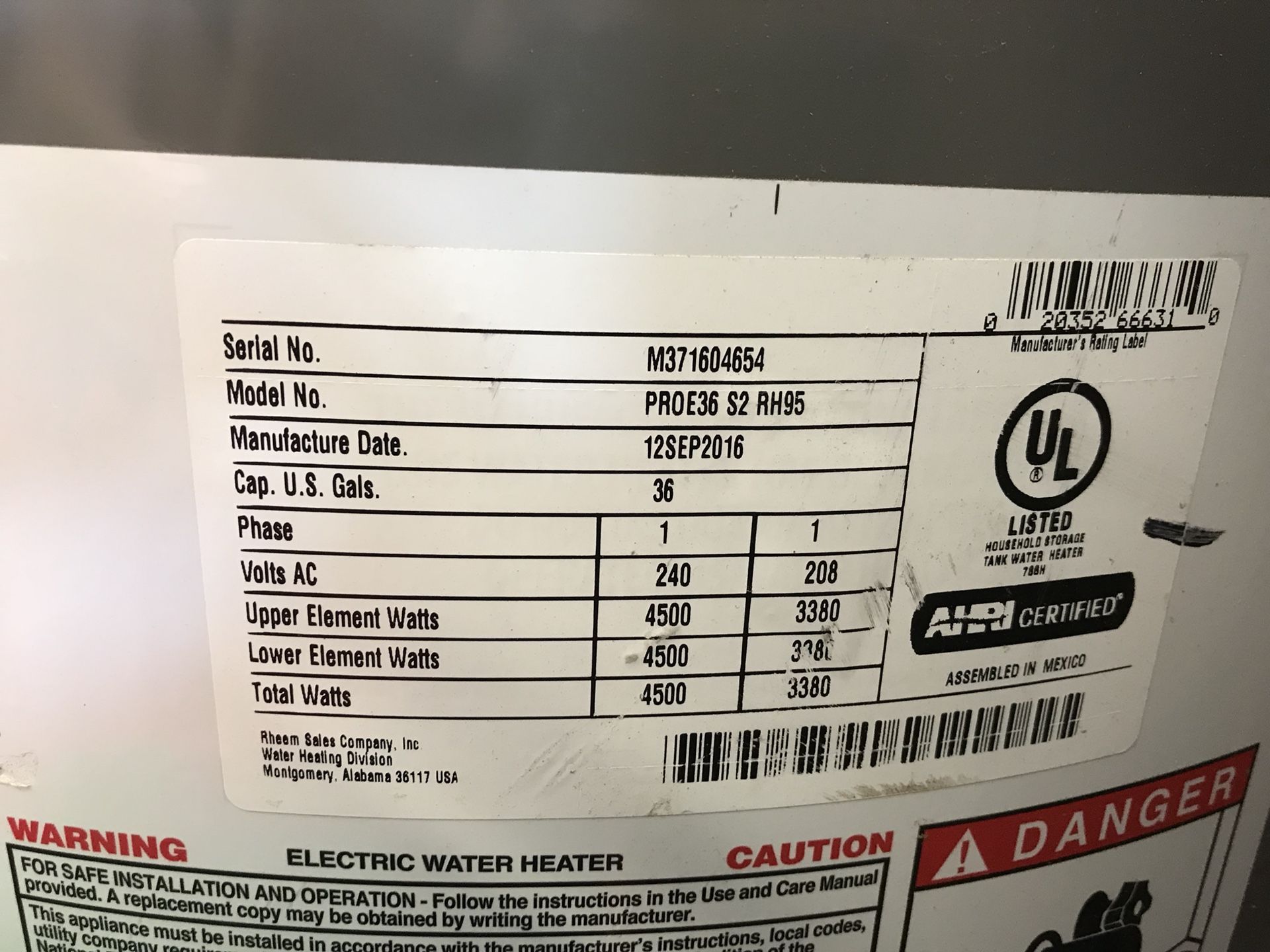 Rheem electric water heater-shorty