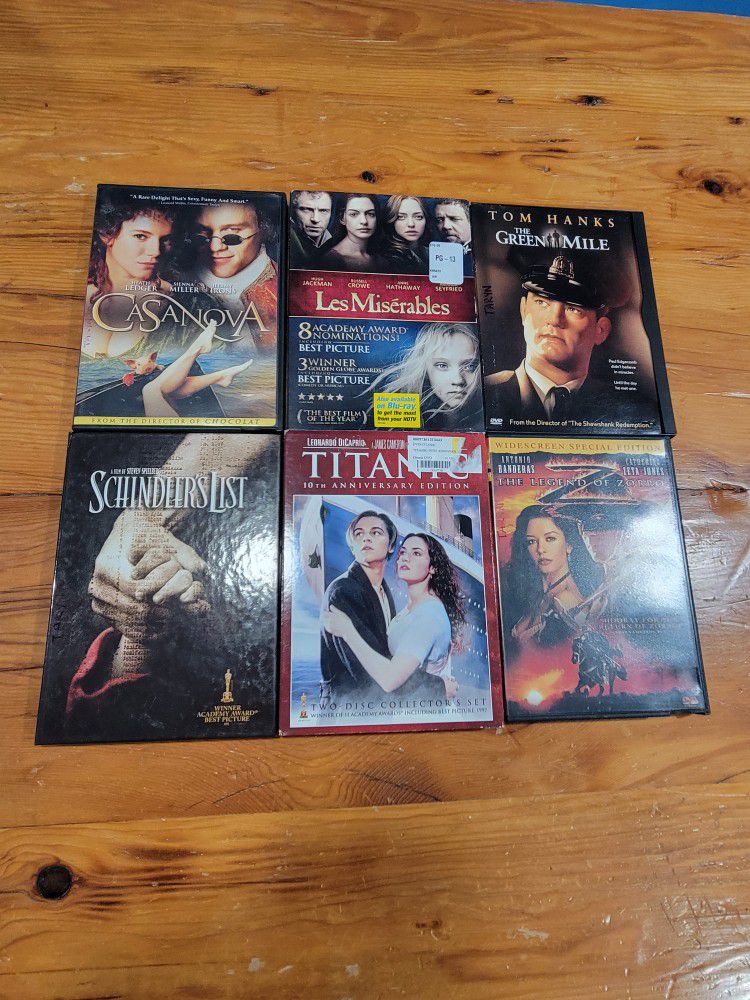 Titanic, Green Mile, Les Miserables, Schindler's List, Casanova, Zorro DVDs