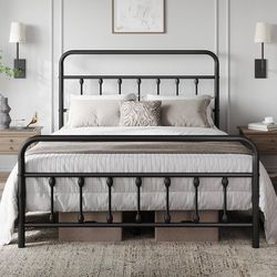 E788 $70  Classic Metal Platform Bed Frame Mattress Foundation with Victorian Style Iron-Art Headboard/Footboard/Under Bed Storage/No Box Spring Neede