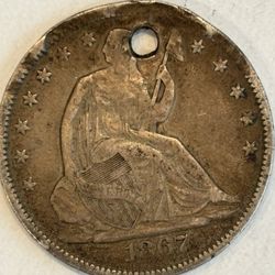 1867 Seated Liberty Half Dollar – Holed Civil War Era Silver Type Coin 