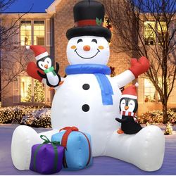 Christmas Inflatable Snowman Decor Outdoor - 6ft Blow Up White Snowman with Penguins, Xmas Yard Decor with Built-in LED, Lighted for Holiday Party Dec