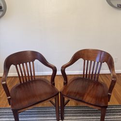 Set Of 2 Solid Wood Antique Bank Chairs