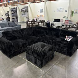 Brand New Black Thick Fluffy Corduroy Sectional Sofa Couch With Ottoman 