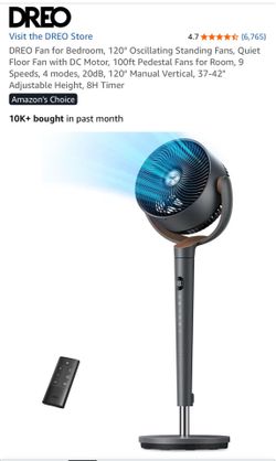 DREO Oscillating Standing Fan ーー.- 120° oscillation, 9 speeds, 4 modes, 20dB, adjustable height, 8H timer. Remote included!