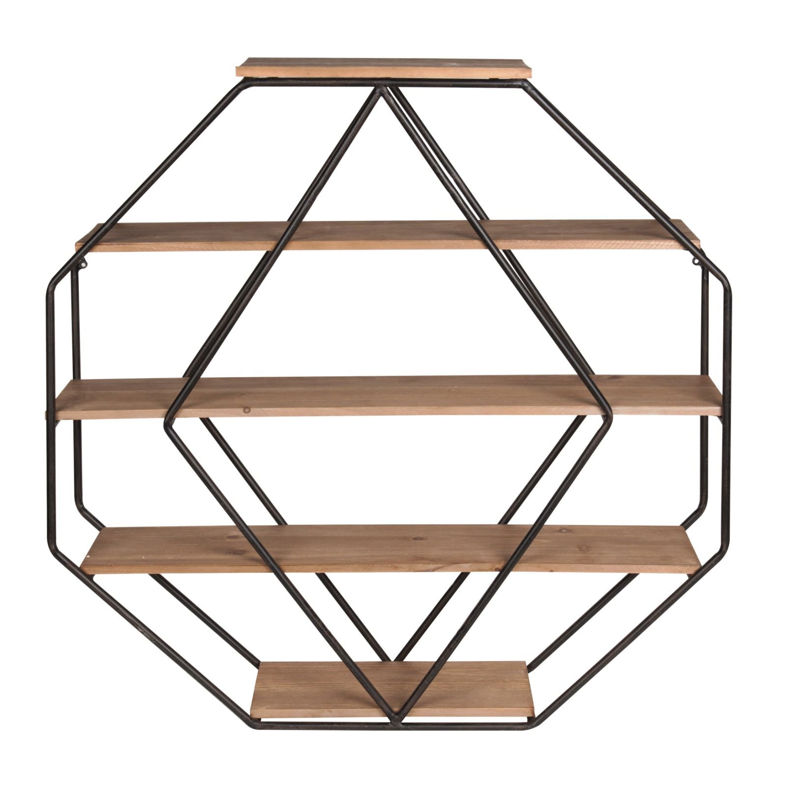 Kate and Laurel Lintz Large Octagon Shaped Floating Wood Book Shelves for Decorative Wall Display, Black Metal Frame with Rustic Brown Shelves