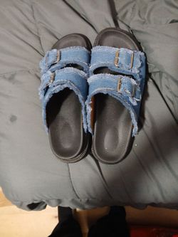 Denim Slide Sandals with Double Buckle Straps