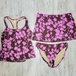 Victoria's Secret 3-pc Swim Set Floral Brown Pink Nylon Top Bikini Bottom Skirt